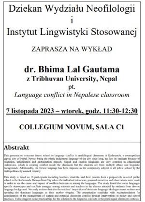 WYKŁAD  dr. Bhima Lal Gautama z Tribhuvan University, Nepal pt. Language conflict in Nepalese classroom 